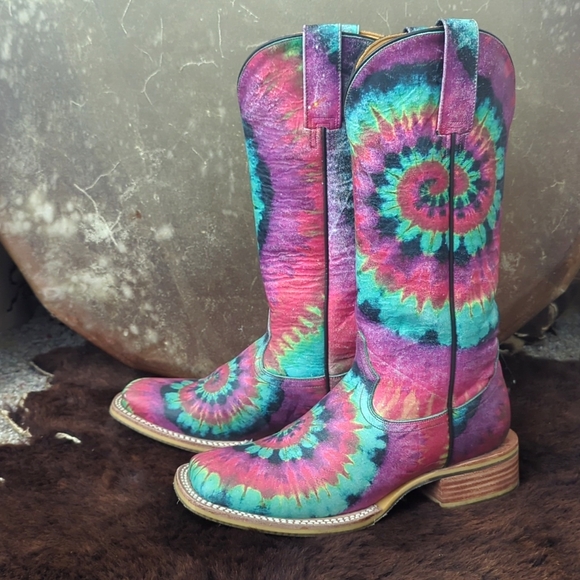 TIN HAUL "Happy Hippie" groovy rainbow tie dye leather cowgirl boots sz 6.5 EUC - Picture 4 of 16